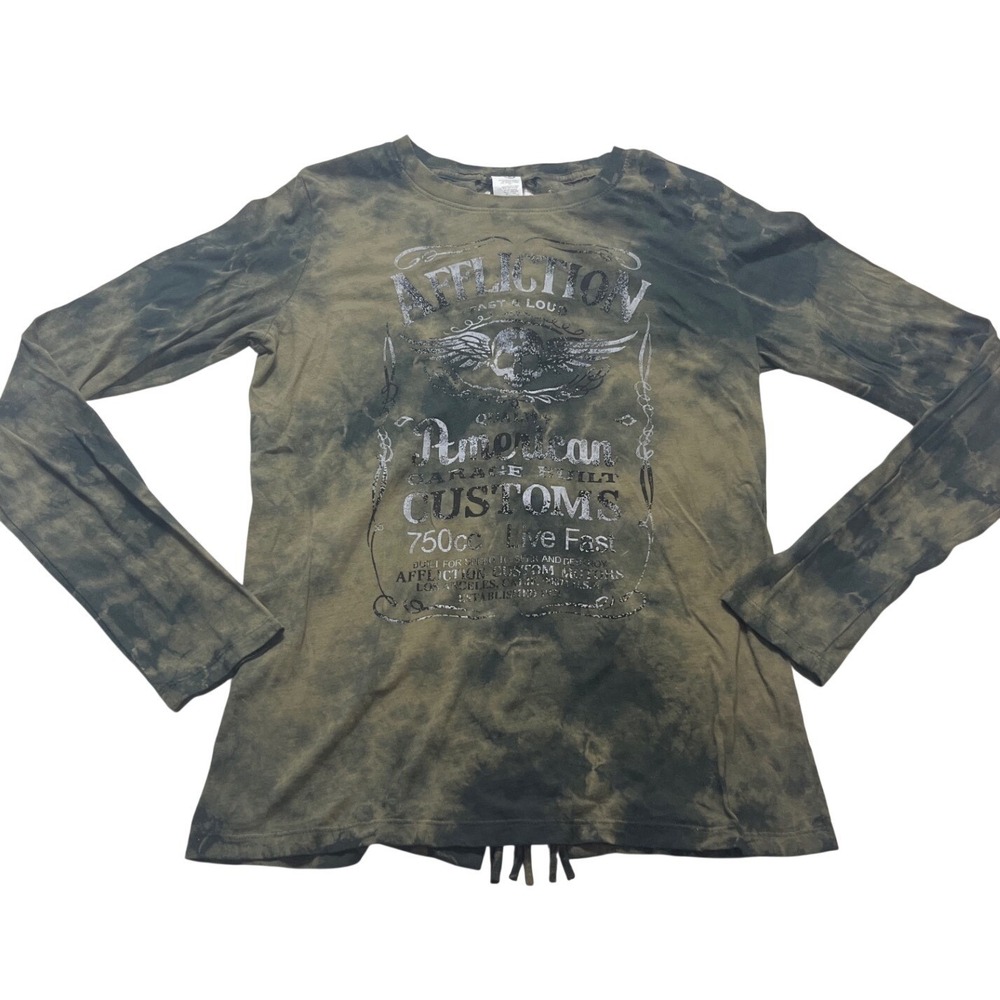 Affliction Graphic Top Women Medium Green Excellent Lace Up Long Sleeve t y2k